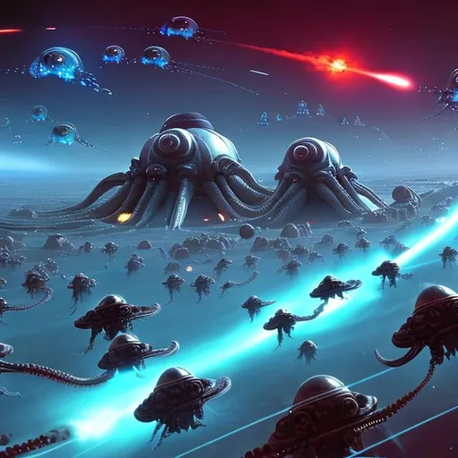 Prompt: sci-fi space war, planetary invasion of alien planet, alien ships look like octopuses, pov from space, from invading fleet, formations, laser beams, symmetrical, extreme wide shot