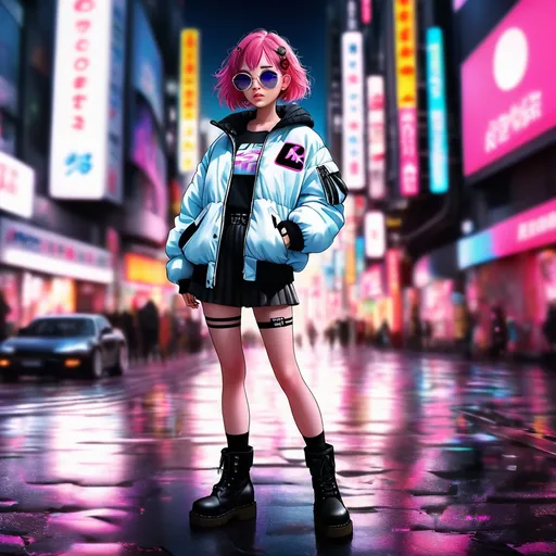Prompt: wide standing view, full body view, petite 21 year old anime girl, pink hair, two braided pigtails,  sunglasses ((white, oval frame)), puffy bomber jacket, black combat boots, highly stylized artstyle, messy neon tokyo background, wide view, digital illustration, ultra hd, extreme long shot, telephoto lens, motion blur, wide angle lens, deep depth of field, deep blue color scheme, pastel color scheme