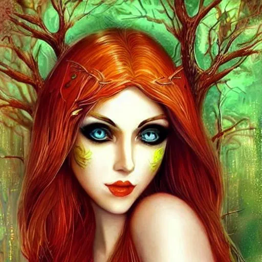 Prompt: Elven 
Orange hair
Women
Pretty
Fantasy 
Art
Green eyes