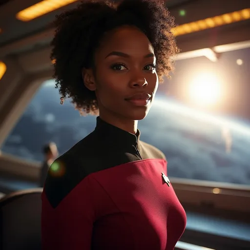 Prompt: A beautiful black woman with the face of  Sanaa Lathan dressed in the StarTrek TNG uniform. Behind her you can see part of the spaceship and a large window overlooking Earth's orbit. The sun's rays filter through the window creating a magical and warm atmosphere.