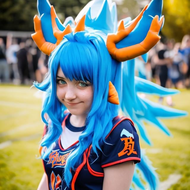 A Blue Haired Girl Wearing An Charizard Mascot Costume