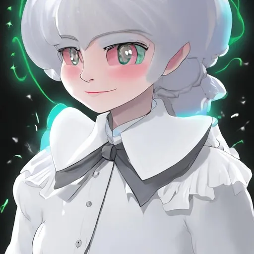 Prompt: Lady in a white dress shirt with a very puffy collar that has crazy magic spewing all around her collar because a magic spell just made contact with it