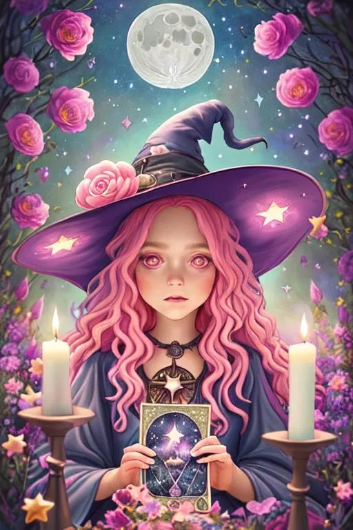 Prompt: witch with wavy pink hair using tarot cards, wearing witch hat, cute, flowers, aesthetic, fairycore, disney, pixar, moon, stars, witchcraft, in a starry pastel sky, garden, sweet, dreamy, award winning illustration, artstation, highres, realistic, altar with candles, glittering, colorful, vibrant, detailed