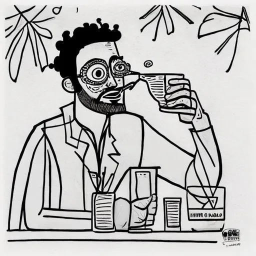 Prompt: A hand drawn picture of a 3 eyed man drinking cocktails, simple lines 
