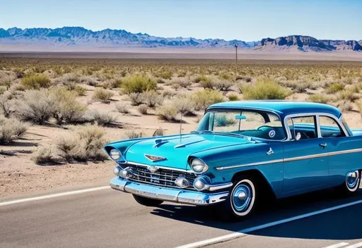Prompt: A 1960 style blue car on a highway a desert, blue sky