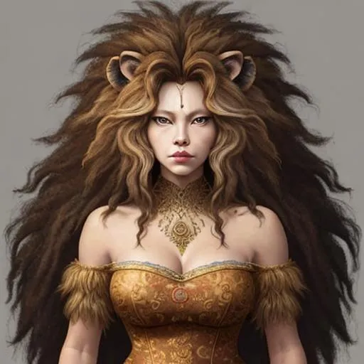 Prompt: lion lady-lady with thick hair like a lion's mane