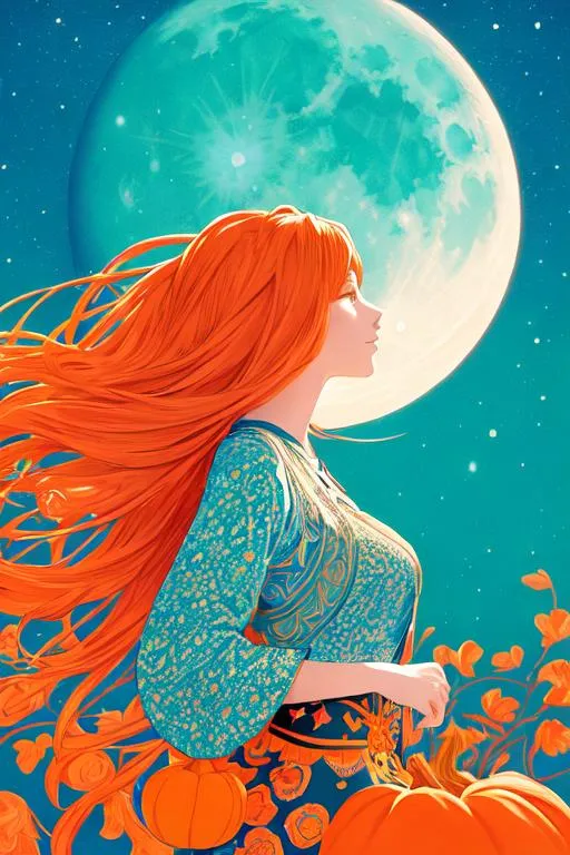 Prompt: medium portrait front view, negative giant moon theme design contrast teal color background, hyperdetailed intricate colorful pumpkin flower graffiti silhouette vector background,

sunshine, natural light, very strong front light,

masterpiece best quality hyperdetailed ultra realistic colorful flat color pastel mix 2D 1 anime cute tall very skinny beautiful girl hopeful, cheerful red cheek, hyperdetailed intricate flat color flying symmetrical glamorous orange hair, pumpkin candy, pumpkin handbag, standing,

masterpiece best quality hyperdetailed colorful white cotton fluffy witches clothes, witches hat, pumpkin hair ornament,

resolution high res intricately detailed complex,

light yellow and light orange and light pink glowing light, light yellow and light orange and light pink glowing sunshine sunshine on face, head light, front light, windy,

album cover art, clean art, flat color art, 2D illustration art, 2D vector art, digital art, colorful, symmetrical, 128K resolution, glamorous,  digital painting, colorful ink illustration, hyperdetailed sharp focus, digital illustration, perfect composition, vibrant, golden ratio, graffiti,  digital watercolor painting, impressionist painting,