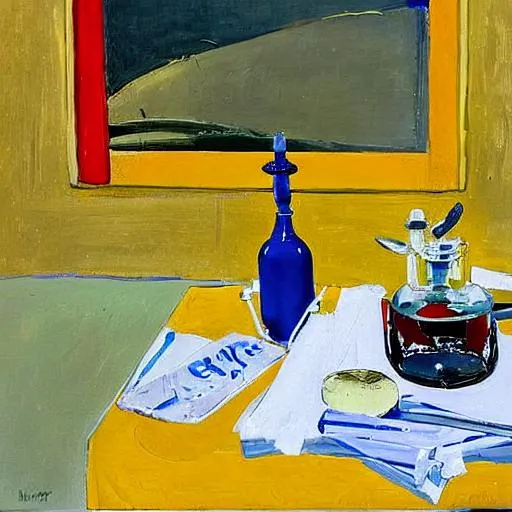 Prompt: A needle and syringe in still life style of Brett Whiteley 