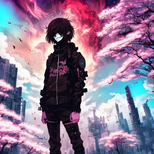 Prompt: Anime brown hair character profile wearing all black with mask, apocalypses city theme, cherry blossom trees surrounding, trippy psychedelic sky, dark, gloomy