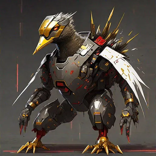 Prompt: Bipedal creature resembling a duck, mecha grey and gold armor, red eyes, spikes with brown blocks and white punching bags on them, masterpiece, best quality, in cyberpunk style