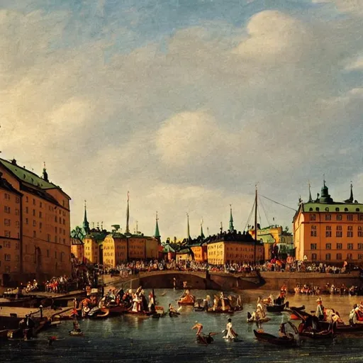 Prompt: In the 18th century, the city scene of Stockholm. A romantic scene, this photo will be appreciated by most European teenagers. Nearby the sea, but can also feel the city lifestyle. People will regard it professionally taken. Some critical cultural factors of Sweden people can be observed in the photo. 