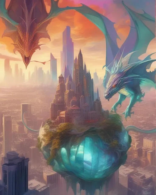 Prompt: A surreal digital painting seamlessly blending elements of different worlds into one fantastical scene. Crystal castles float above a futuristic city where dragons soar between skyscrapers. Imaginative visual storytelling merges themes of magic and technology. Vibrant colors and lighting enhance the mood. Rendered in the fantasy art style of Alphonse Mucha.
