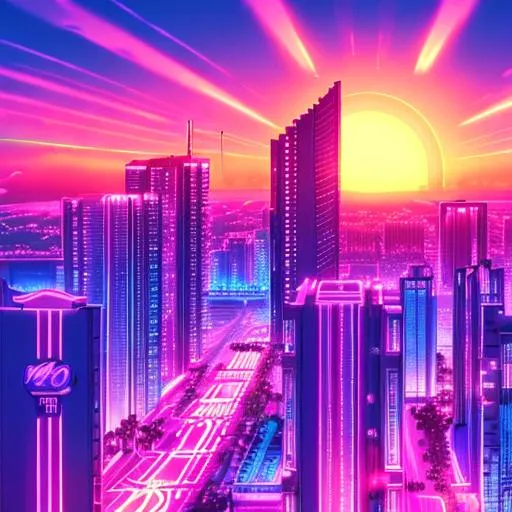 Prompt: vaporwave city, neon lighting, beautiful sunset, palm trees. Retro, 4k, high quality