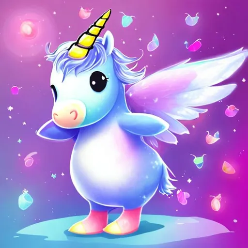 Prompt: penguin with a unicorn horn and fairy wings no hair cute
