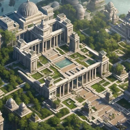 Prompt: Aerial shot of a huge gigantic building with several fountains in front of it, highly detailed cgsociety, fallen columns, very detailed paradise, hestia, wearing white robes!, in stunning digital paint, ultrarealism oil painting, garden utopia, videogame render, artists rendition