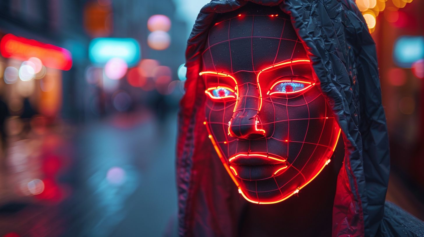 Prompt: Photo of a man wearing a unique head mask, bathed in the glow of neon lights, evoking a sense of cubo-futurism and b-movie aesthetics