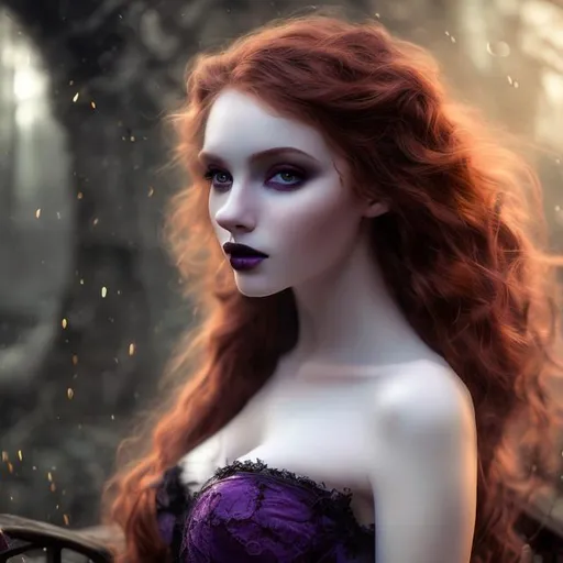 Prompt: HD 4K 3D Stunning, magic, cinematic potrait of gothic nymph, long, curly redhead hair, lovely, romantic, tender, purple light, sunstrails, perfect female beauty, intricate, pale traslucent skin, magic, rich black dress, ethereal, goldn ratio, look in camera, gorgeous body, gorgeous eyes