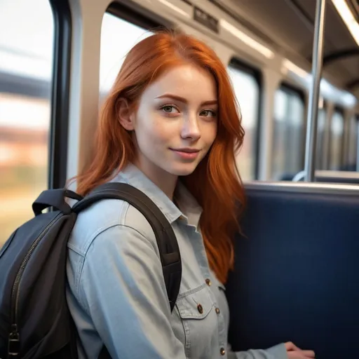 Prompt: (Young woman with red hair and hazel eyes), holding a stylish backpack, sitting comfortably on a train, shy smile, looking thoughtfully outside the window, surrounded by ambient soft lighting, warm tones, cozy atmosphere, realistic details, high-quality, ultra-detailed, photorealistic style, inviting and serene scene, railway background visible through the glass.