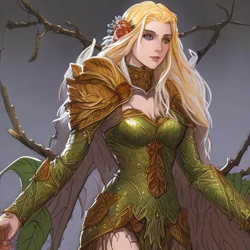Prompt: Dungeons and dragons. Aasimar female druid, with long blonde hair, in a leaf and twig embroidered leather suit. wings wrapped over her shoulders