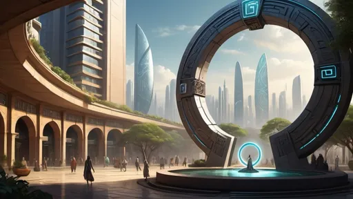 Prompt: magical portal between cities realms worlds kingdoms, circular portal, ring standing on edge, upright ring, freestanding ring, hieroglyphs on ring, complete ring, ancient indus valley architecture, gardens, hotels, office buildings, shopping malls, large wide-open city plaza, turned sideways view, futuristic cyberpunk tech-noir setting