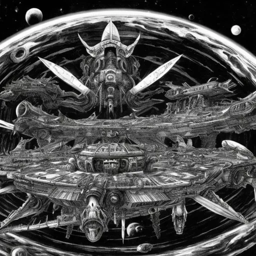 Prompt: Infinite corrupted starship fleet in open space, dark, black and white, Manga, space, Junji Ito, cosmic horror, disturbing, biomechanical