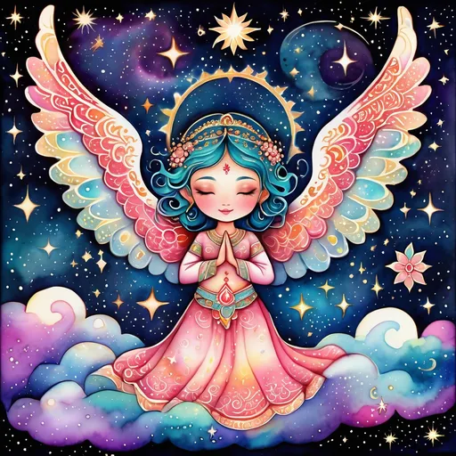 Prompt: Kawaii watercolor of an angel in the galactic night sky decorated with Henna art inspired patterns, embellishments and Flourishes, bright vibrant colors, Highly detailed, popping vibrant colors, Gradient Colors, Intricate details, Highly textured, spiritual symbols of mandalas with Hindu, Buddhist, Jainism, Shinto, Bengali, Celtic, and Arabic geometric and whimsical patterns