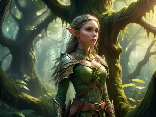 Prompt: Elf ranger in a mystical forest, enchanting sunlight filtering through the dense canopy, ethereal glow illuminating the vibrant greenery, intricate details on ranger's attire and bow, magical creatures peeking from behind ancient trees, serene ambiance exuding tranquility and wonder, ultra-detailed, high definition, cinematic depth, capturing a sense of adventure and mystery.