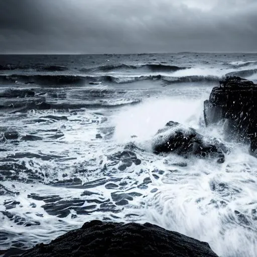 Prompt: photography of the waves of the sea breaking against a rock, dark light, stormy and gray sky, detail, 8k,