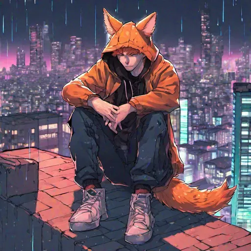 Prompt: An anime style ginger Kitsune man who has Kitsune ears and a tail, wearing a hoodie with the hood down and jeans, sitting in the rain on a ledge on top of a building in a neon city