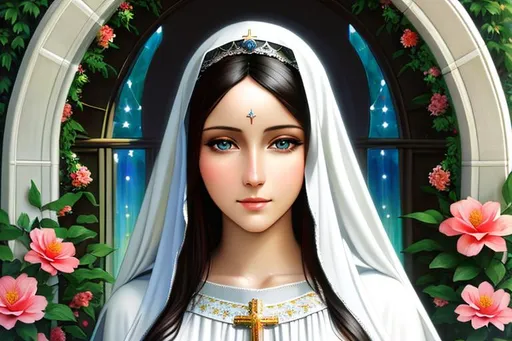 Prompt: Virgin mary, beautiful, simmetrycal, flowers around, beautiful garden, digital painting, detailed face, gray day, volumetric lights, well formed eyes, beatiful eyes, nice eyes,