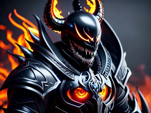 Prompt: a death knight with a Venom mouth (Venom movie), with horns on his forehead, orange fire eyes, Laughing. finely detailed armor,cinematic lighting, full body,intricate filigree metal design, 4k, 8k,trending on artstation, octane render, full form, epic, 8k HD, sharp focus, ultra realistic clarity. Hyper realistic, Detailed face, portrait, realistic, close to perfection, wearing lorica segmentata color black , wearing carbon black fibre Armour, full body, high quality cell shaded illustration, ((full body)), dynamic pose, perfect anatomy.