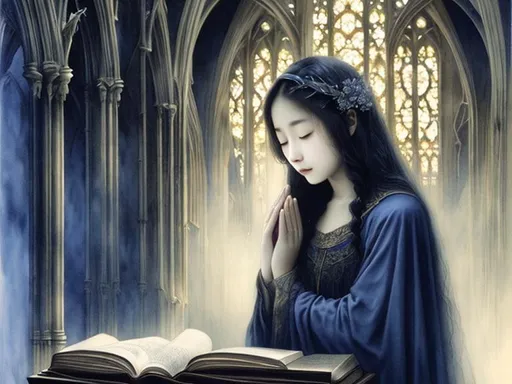 Prompt: (portrait) A beautiful student girl with a shockingly beautiful face prays for better exam results in the Gothic chapel of Dark Academia. (lighting: from above, diffused, with moonlight) - Luis Royo dark blue ink, gold watercolor, precise, detailed work.