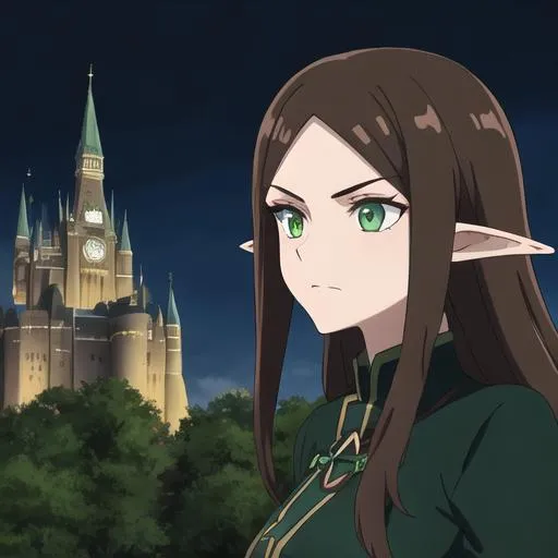 Prompt: necromancer Anime woman, dark brown hair, dark green hazel eyes, elf, near a castle at night, necromancer