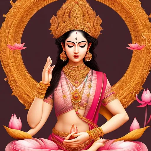 Prompt: image of goddess like woman siting on a pink lotus, perfect beauty, gorgeous golden ornate, red dress , calm background, de noise, hyper realistic, front pose, soft body, intricate design, perfect anatomy, elegant