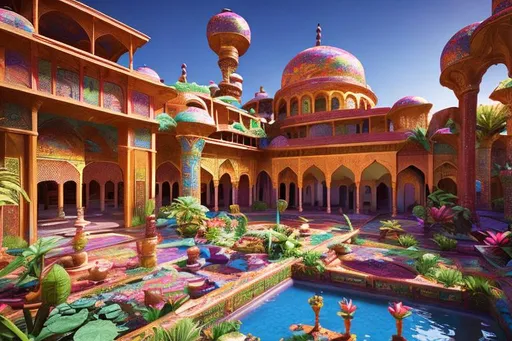 Prompt: persian palace in an oasis, vibrant colors, unreal engine, fantasy, 4K, absurd resolution, highly detailed, intricate detail, sharp focus.