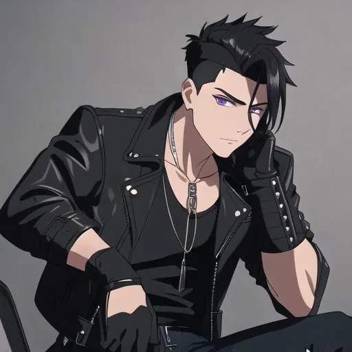 Prompt: Male young adult, 19, (Short black hair falling between the eyes with an undercut,  purple eyes and a femine body) Leather jacket and a black shirt and ripped denim jeans, around his neck, black leather gloves. Highly detailed, 8K, Insane detail, best quality, UHD