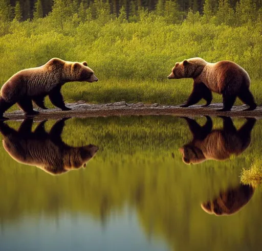 Prompt: National Geography style front-view medium-full photo shot on Fujifilm Pro 400H of a bear looking at its reflection image on a calm river water surface. Midnight sun lighning, peaceful lapland nature scene