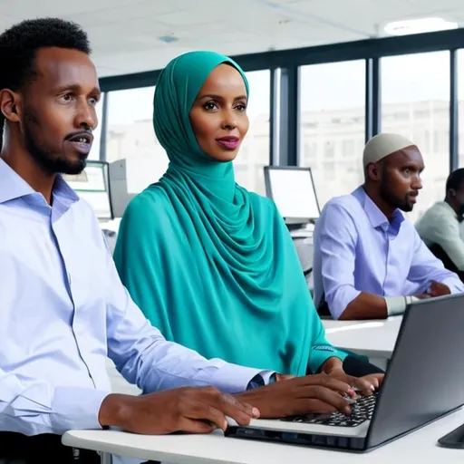 Prompt: digital workplace image displaying two Somali entrepreneurs, a man and a woman, in separate workstations within a modern office setting. They should exude confidence while professionally using laptops and tablets. The woman should be wearing a headscarf, and both individuals should be dressed formally. The image should be 1200 x 628 pixels.