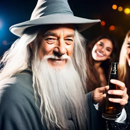 Prompt: gandalf very drunk in nightclub big smile, dancing wildly with many women