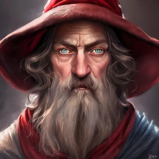 Prompt: Painting of a middle ages wizard dressed all in red, very serious, dark brown hair, blue eyes, typical wizard red hat, digital painting, portrait, realistic