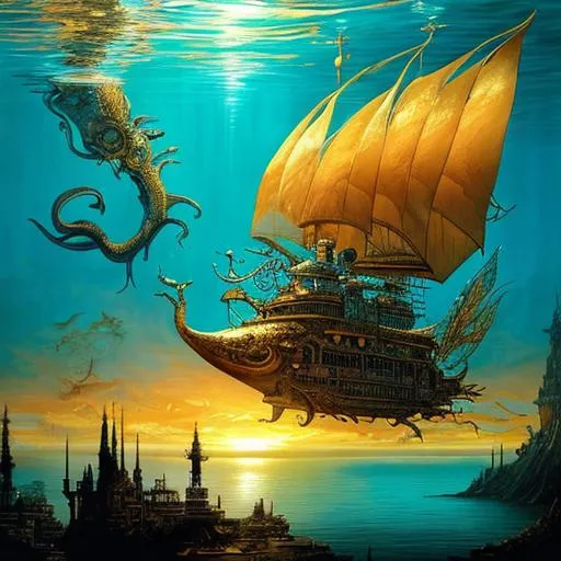 Prompt: A surreal underwater world in the style of Salvador Dali, Golden sunsets.Hyper-realistic textures, steampunk, Precise details,  Hayao Miyazaki, Big bright eyes,Fairy tales, Incredibly high detailed, photorealistic, 12k, A dreamy and fantastical photo , cinematic light, strong light. 