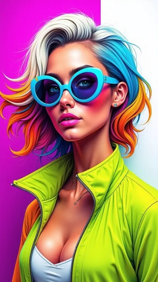 Prompt: This is a digital illustration in a hyper-realistic, vibrant, and modern style. The image features a close-up portrait of a young woman with a light skin tone, striking blue eyes, and full, purple-pink lips. Her hair is a mix of white, blue, and orange, with soft, wavy textures. She wears large, turquoise, cat-eye sunglasses that cover her eyes, adding a bold and stylish touch. Her outfit includes a bright, neon green, zip-up jacket that is slightly open, revealing a hint of a white, low-cut top underneath. The background is divided into two vertical sections: the left side is a solid pink, and the right side is a solid white, creating a stark contrast that emphasizes the subject. The overall color palette is vivid and eye-catching, with a mix of neon and pastel hues. The woman's expression is confident and slightly sultry, with a subtle smile. The lighting in the illustration is bright and even, highlighting the glossy texture of her jacket and the smoothness of her skin. The image is framed with a thin, gray border, adding a clean and modern touch to the overall composition.