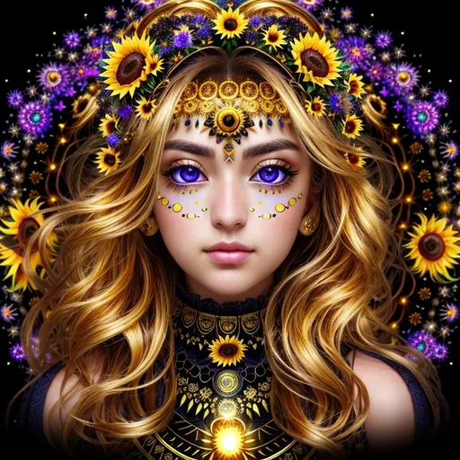 Prompt: dark, Epic, Beautiful, Plasma {Sunflower} gold silver black, big dreamy eyes, beautiful intricately-colored, symmetrical, Beautiful and Gorgeous, hyper realistic, expansive psychedelic background, hyper realistic, 64K --s99500