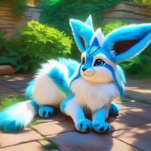 Prompt: (Glaceon), realistic, photograph, epic oil painting, (hyper real), furry, (hyper detailed), extremely beautiful, (on back), sprawled, paws in the air, playful, UHD, studio lighting, best quality, professional, ray tracing, 8k eyes, 8k, highly detailed, highly detailed fur, hyper realistic thick fur, canine quadruped, (high quality fur), fluffy, fuzzy, full body shot, zoomed out view of character, rear view, hyper detailed eyes, perfect composition, ray tracing, masterpiece, trending, instagram, artstation, deviantart, best art, best photograph, unreal engine, high octane, cute, adorable smile, lying on back, flipped on back, lazy, peaceful, (highly detailed background), vivid, vibrant, intricate facial detail, incredibly sharp detailed eyes, incredibly realistic fur, concept art, anne stokes, yuino chiri, character reveal, extremely detailed fur, sapphire sky, complementary colors, golden ratio, rich shading, vivid colors, high saturation colors, nintendo, pokemon, silver light beams
