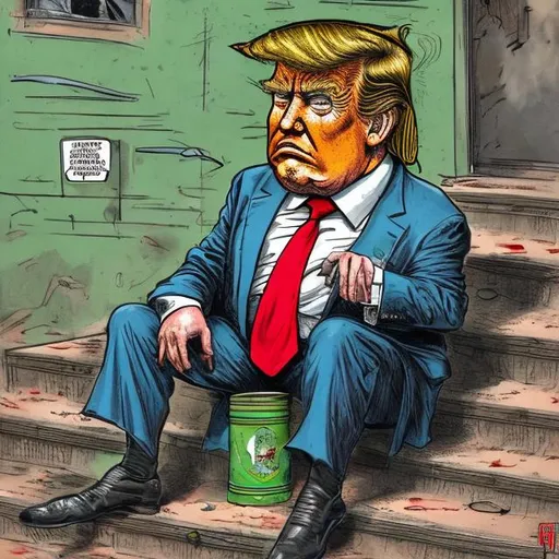 Prompt: Trump-Caricature: Tattered one green dollar note in tattered beggar Trump's rusty tin can, too long red tie + tattered darkblue suit, Trump sitting on court steps, bright colored Sergio Aragonés MAD-magazine style