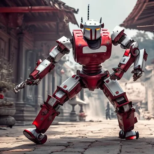 Prompt: gandam robot in middle of action cool red and white with swords

 