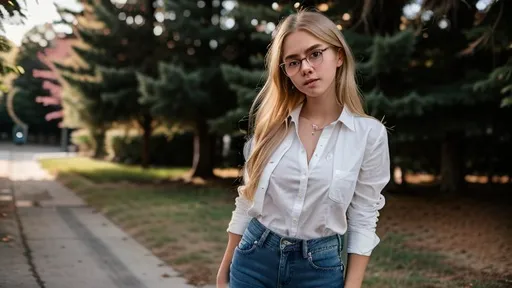 Prompt: Full body photo of a beautiful young girl, realistic photo, cute girl, wear white shirt and partially removed clothes style, glasses, long jeans. She has long, straight, blonde hair, blue eyes. She is 17 years old, smooth skin, cute face, perfect hands, Ultra details, 8k, 85mm lens,f8, photography,  natural light