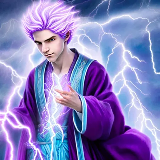 Prompt: a young, white, purple-haired mage of the storm, holding lightning at his fingertips, his purple robes, accented with cyan, engraved with mystic runes