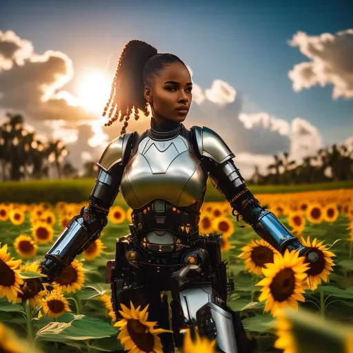 Prompt: Warm colors, 3D, HD, Epic, Gritty, Third-person, An attractive black woman ((robotic limbs)), Bald ((ponytail)), sword ((holding sword)). a field of sunflowers, palm trees, detailed background.