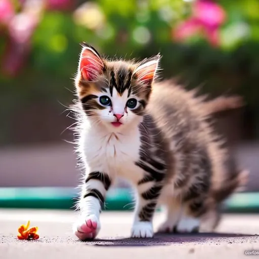 Prompt: a stray kitten batting garn in the street adorable flowers playing